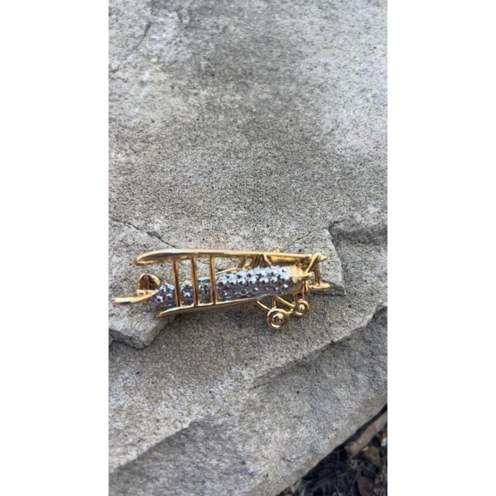 Gold Tone Airplane Broach With Clear Crystal Accents